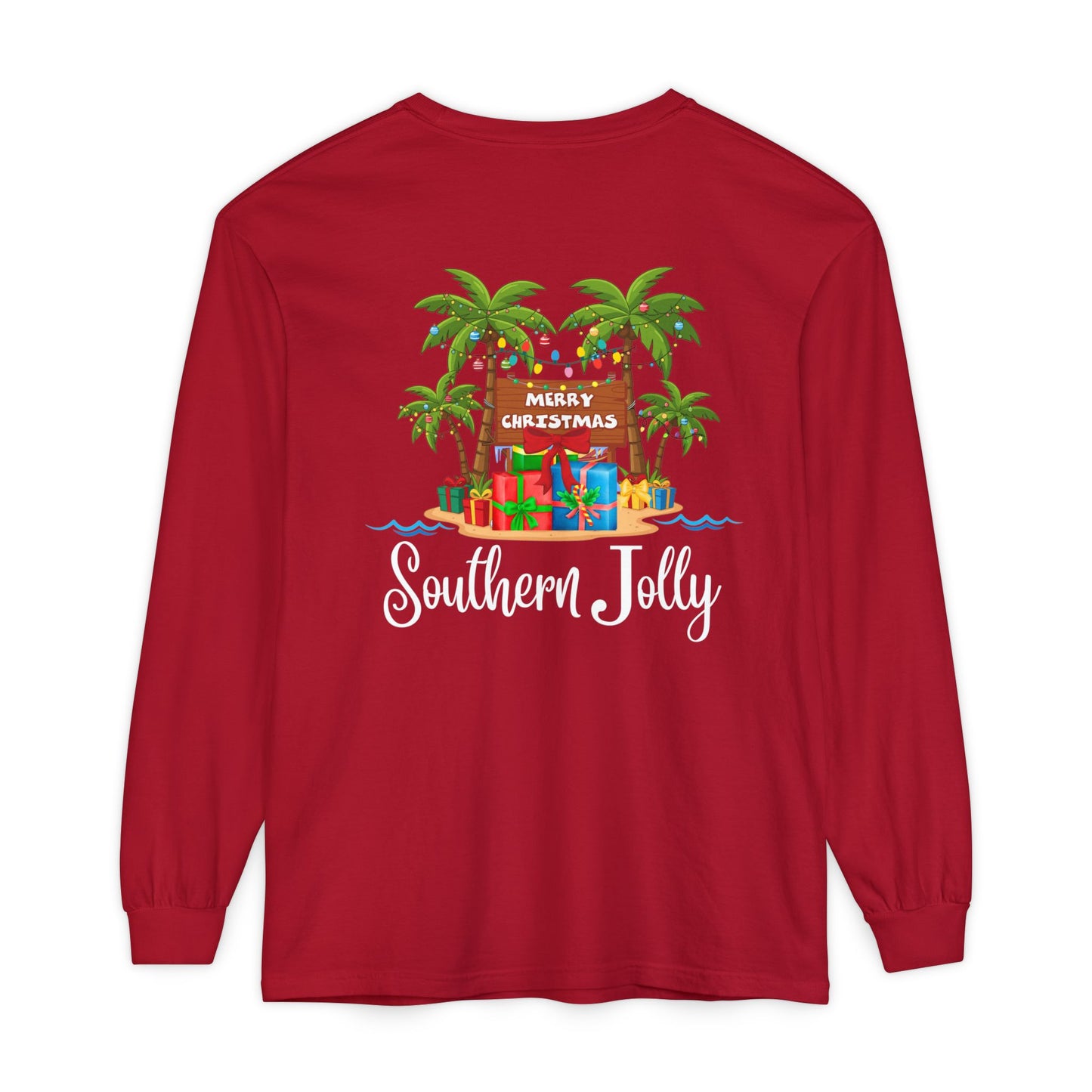 Red long sleeve shirt with Christmas Design and Southern Jolly word mark.