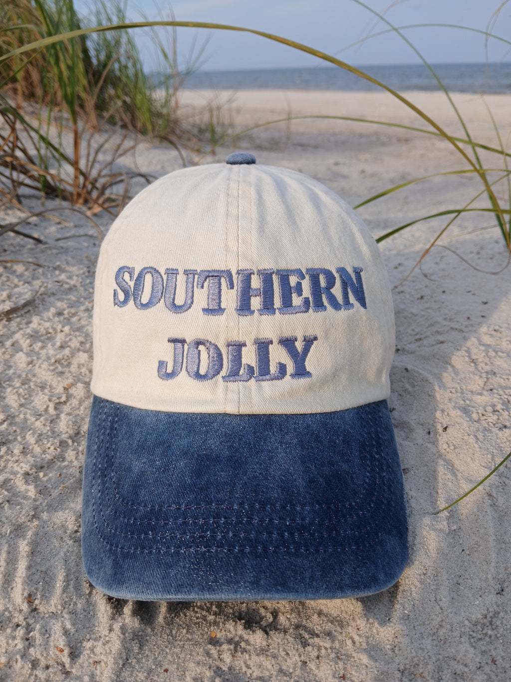 Baseball cap embroidered with the words Southern Jolly.