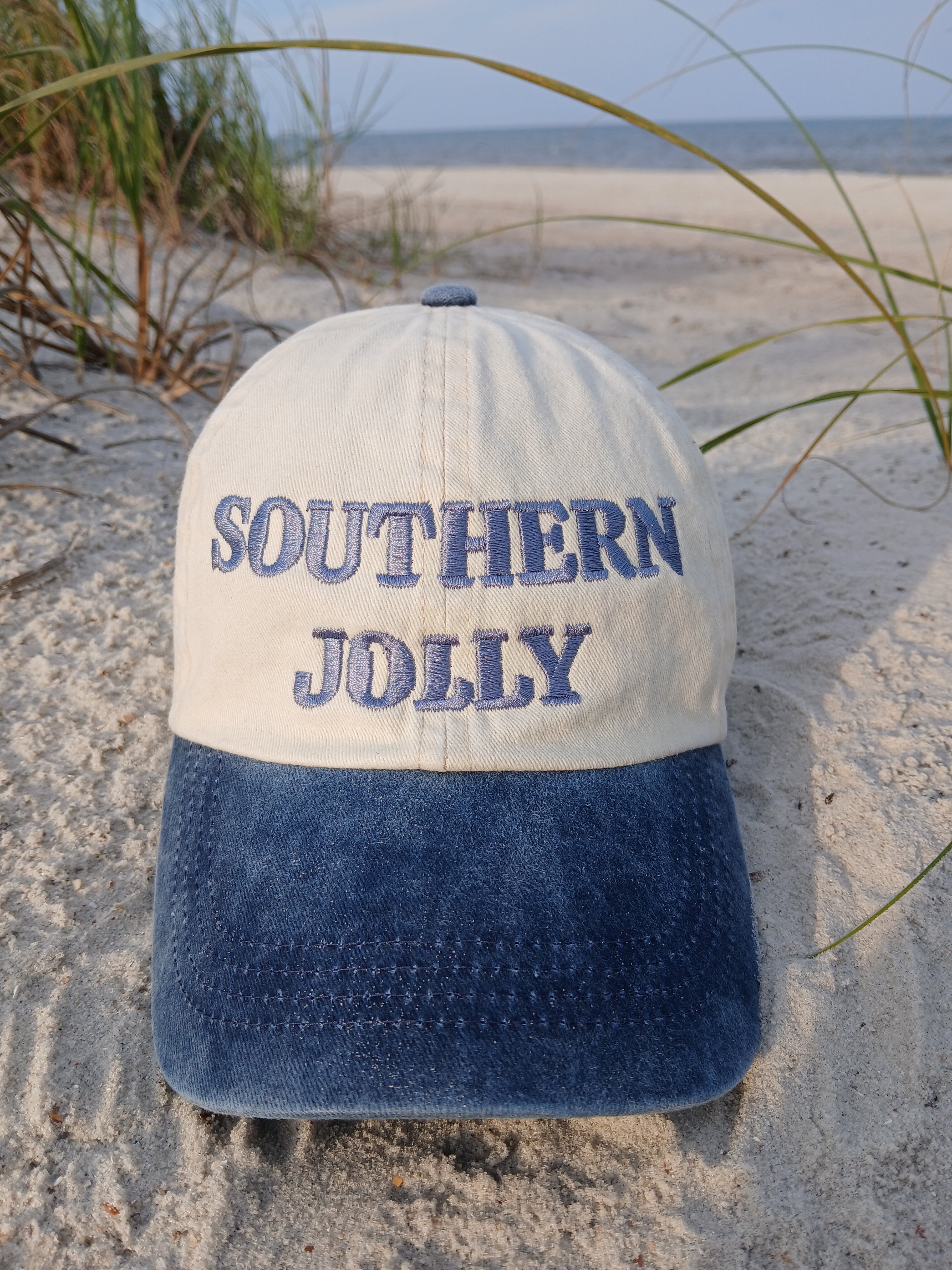 Baseball cap embroidered with the words Southern Jolly.