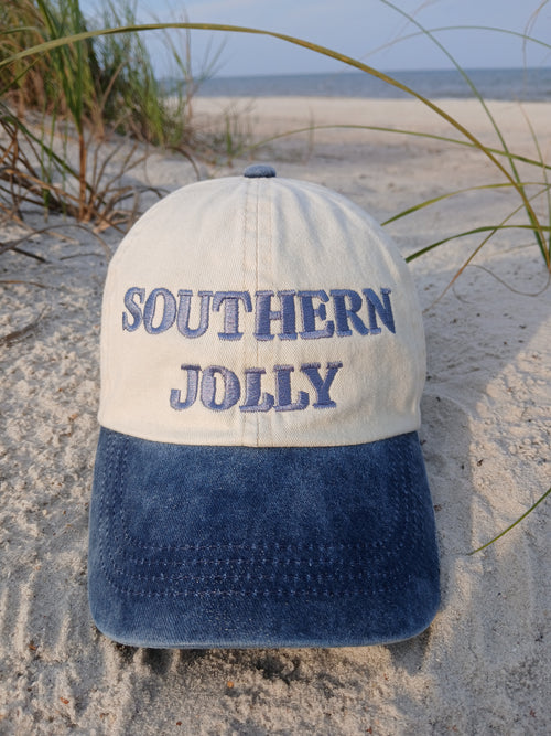Baseball cap embroidered with the words Southern Jolly.