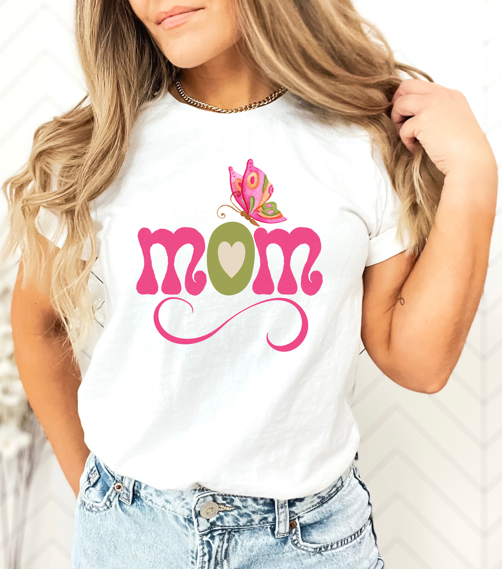 White MOM t-shirt featuring a butterfly design.