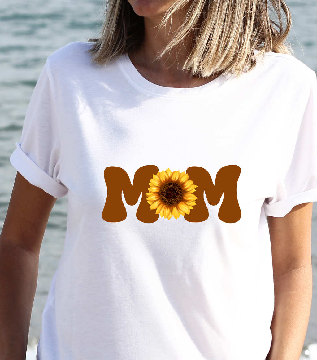 White T-Shirt with MOM text featuring a sunflower.
