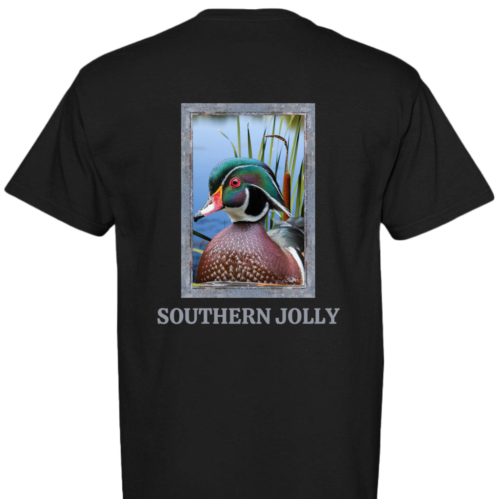 Black t-shirt with a duck graphic and 'Southern Jolly' text on a white background