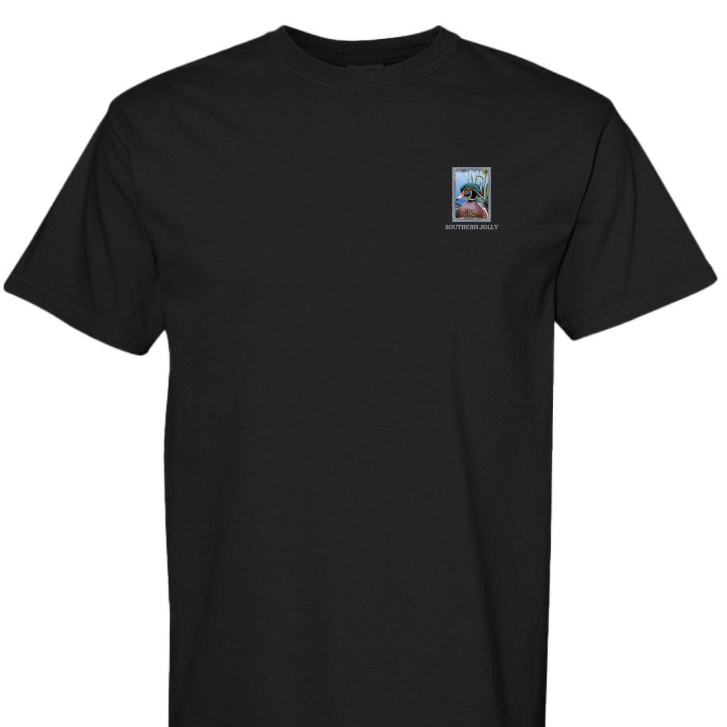 Black t-shirt with a duck graphic design.