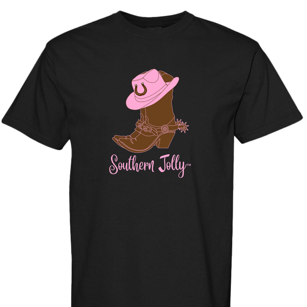 Black t-shirt with a cowboy boot and pink hat graphic and 'Southern Jolly' text on a white background