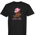 Black t-shirt with a cowboy boot and pink hat graphic and 'Southern Jolly' text on a white background