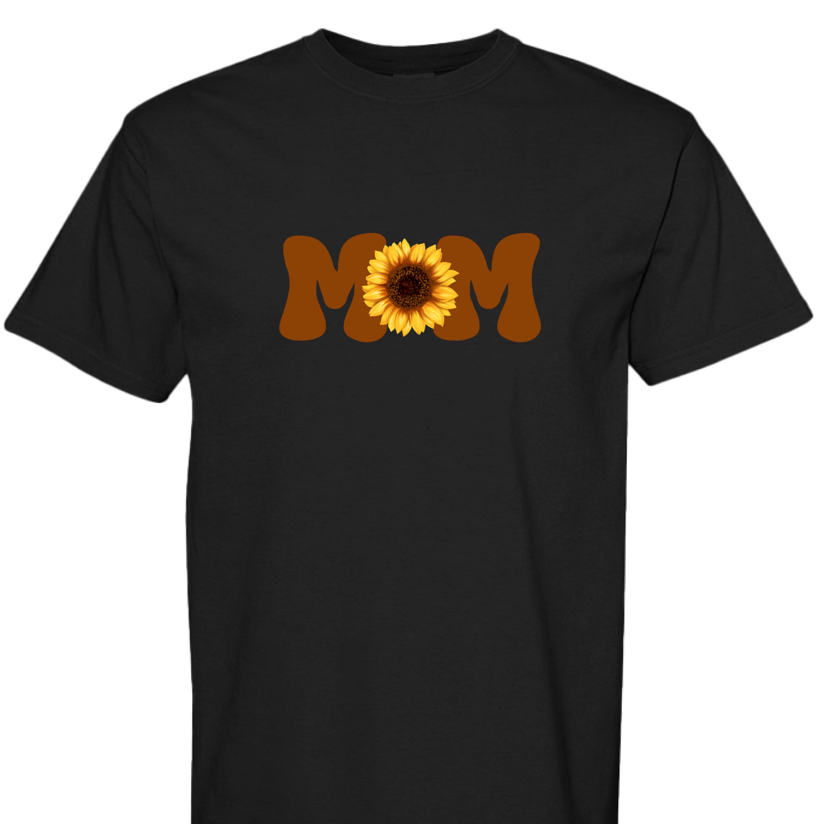 Black T-Shirt with MOM text featuring a sunflower.