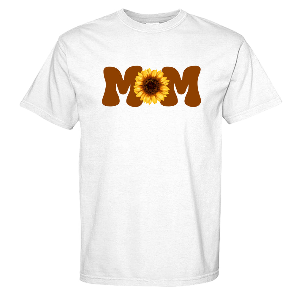 White short sleeve t-shirt with MOM text featuring a sunflower design.