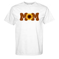 White short sleeve t-shirt with MOM text featuring a sunflower design.
