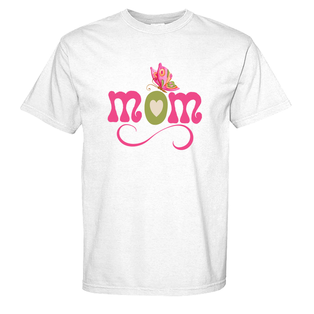 MOM t-shirt featuring a butterfly and heart.