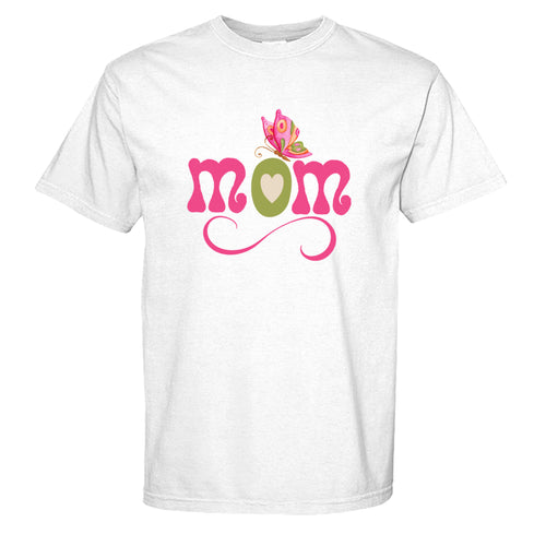 MOM t-shirt featuring a butterfly and heart.